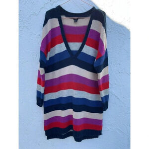 H&M Womens Pullover V Neck Tunic Crochet Sweater Dress Multi Striped Sz M/L WT06